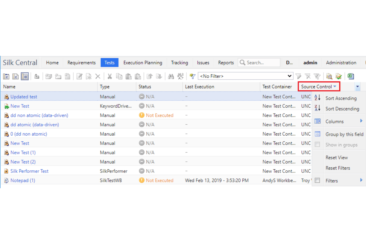 OpenText Silk Central source control setting