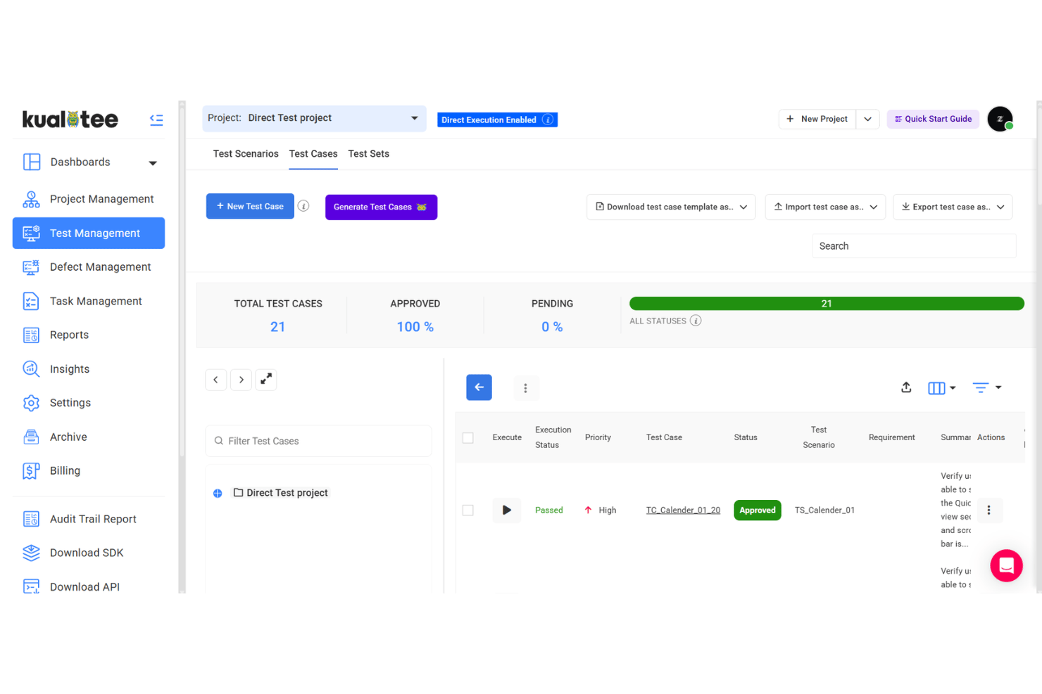 Kualitee provides a centralized workspace for managing tests, tracking progress, and monitoring project activity.