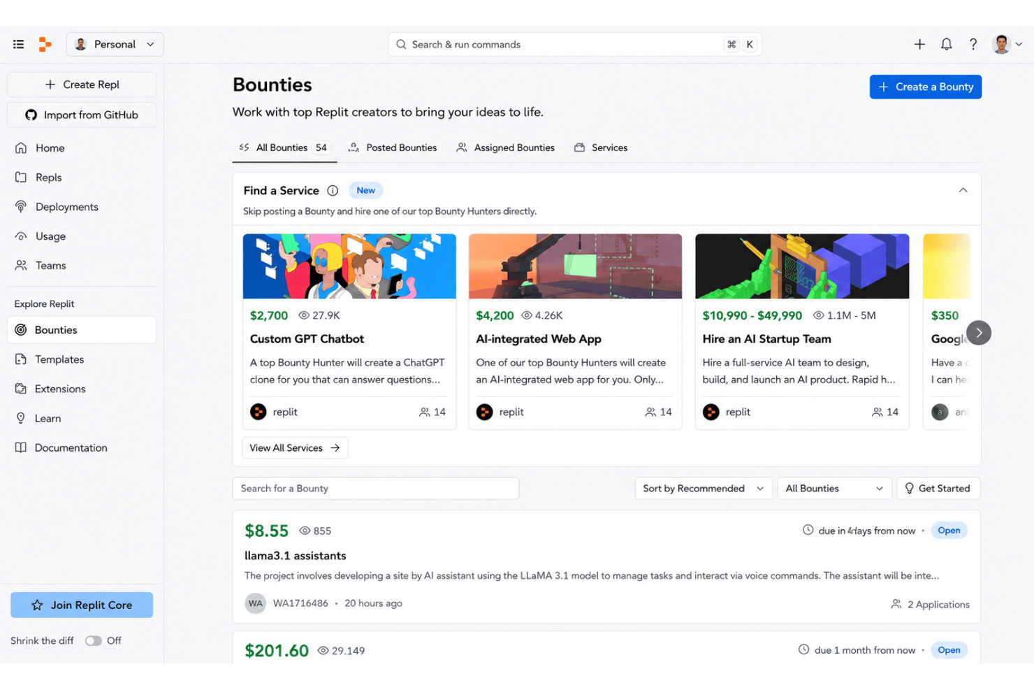 Replit community hub featuring reusable project templates, AI application examples, coding bounties, collaboration, and shared development resources.