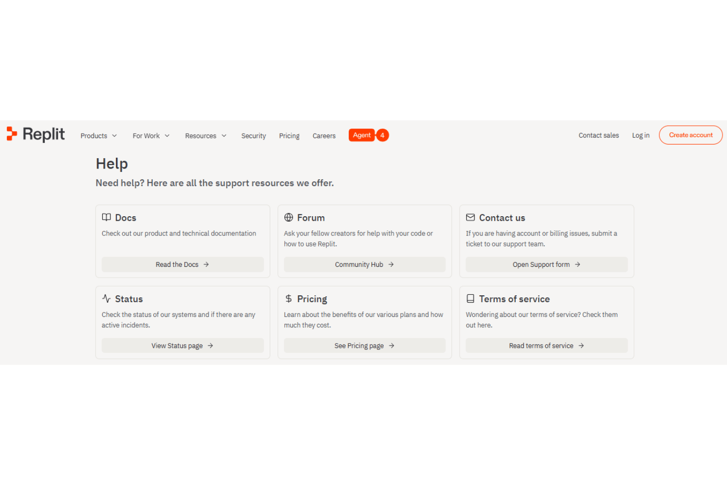 Replit customer support featuring help center documentation, ticket support, community forums, developer chat channels, troubleshooting resources, and AI development assistance.