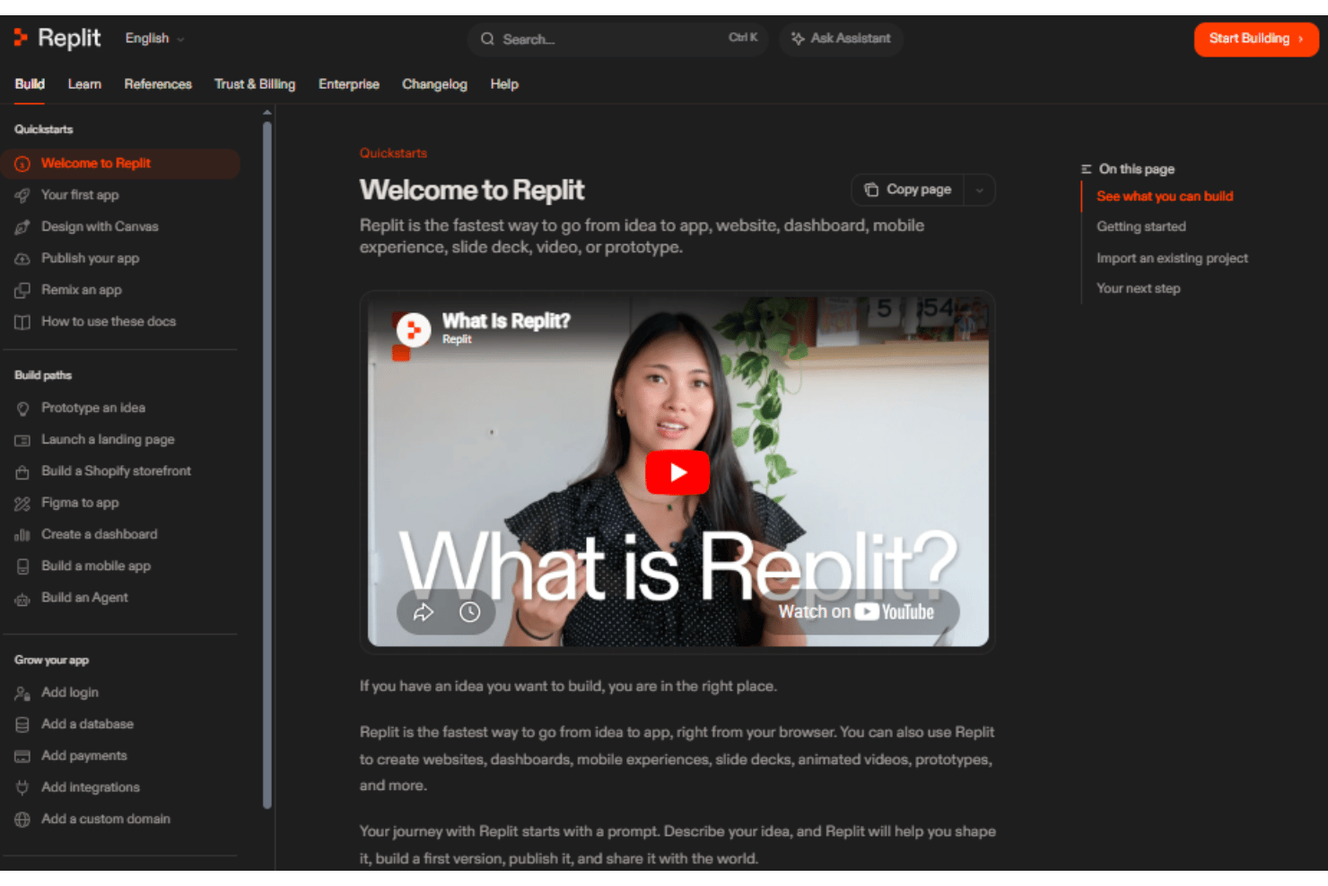 Replit onboarding experience featuring guided tutorials, starter templates, in-app tours, documentation, community forums, and AI application development resources.