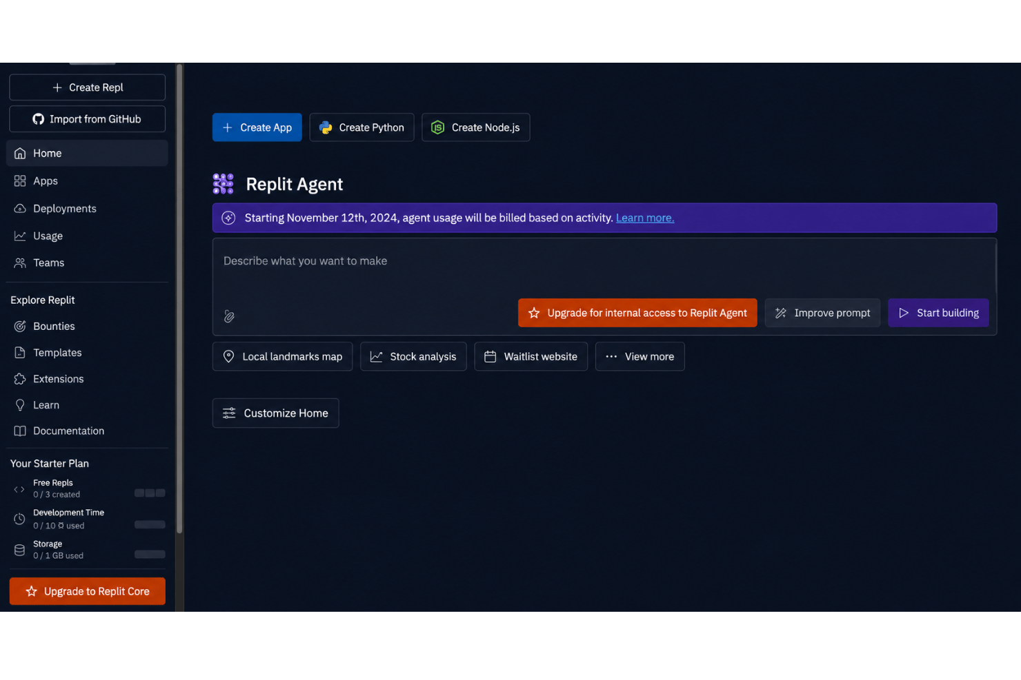 Replit Agent AI assistant featuring code generation, debugging, code explanations, context-aware suggestions, and in-editor application development tools.