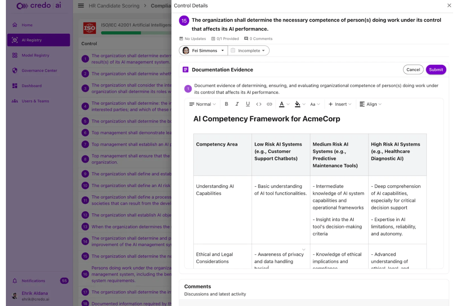 Credo AI evidence collection dashboard featuring audit evidence management, regulatory compliance documentation, automated evidence requests, AI governance records, legal reporting, and customizable compliance workflows.