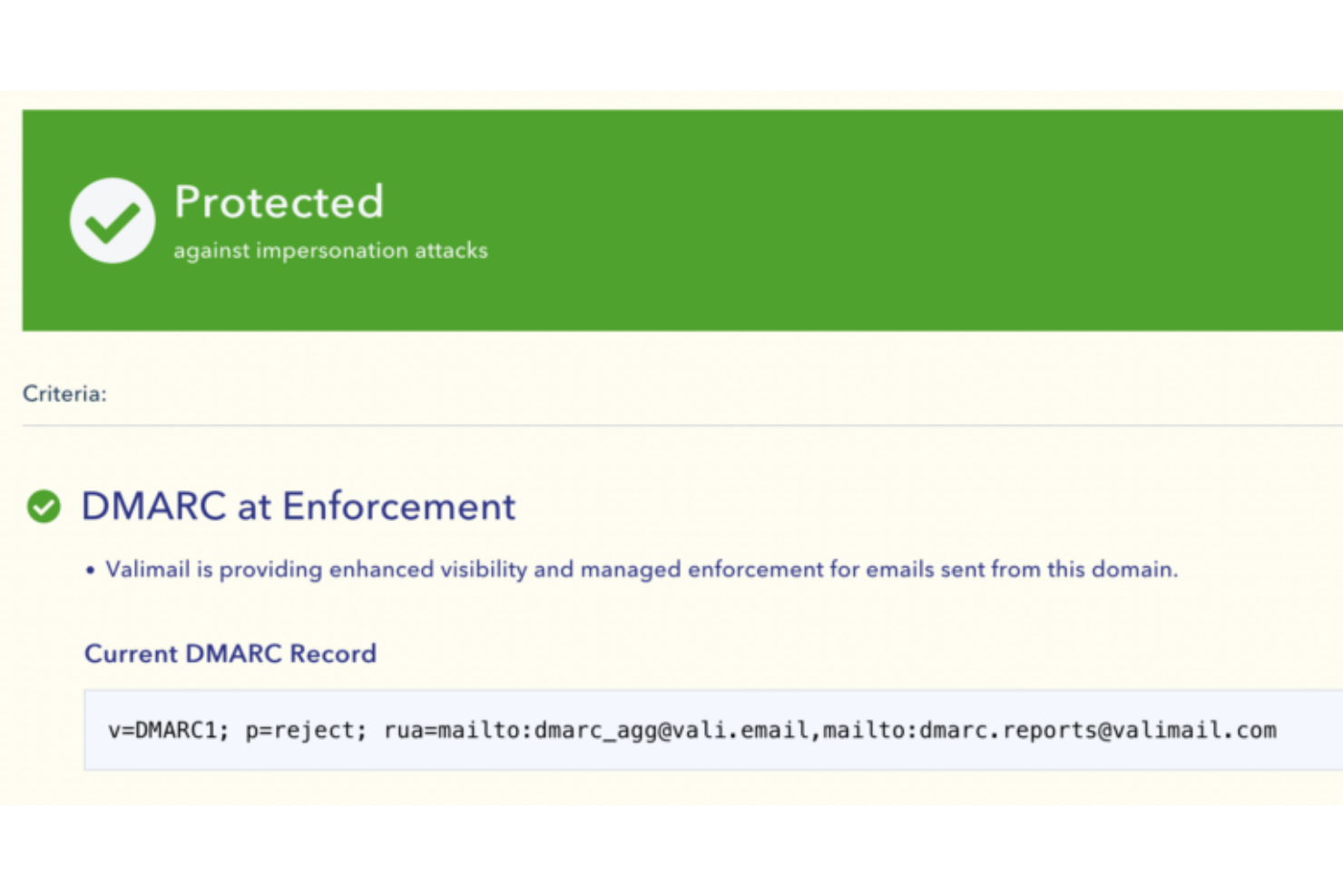Green 'Protected' banner with DMARC reject policy record displayed below.