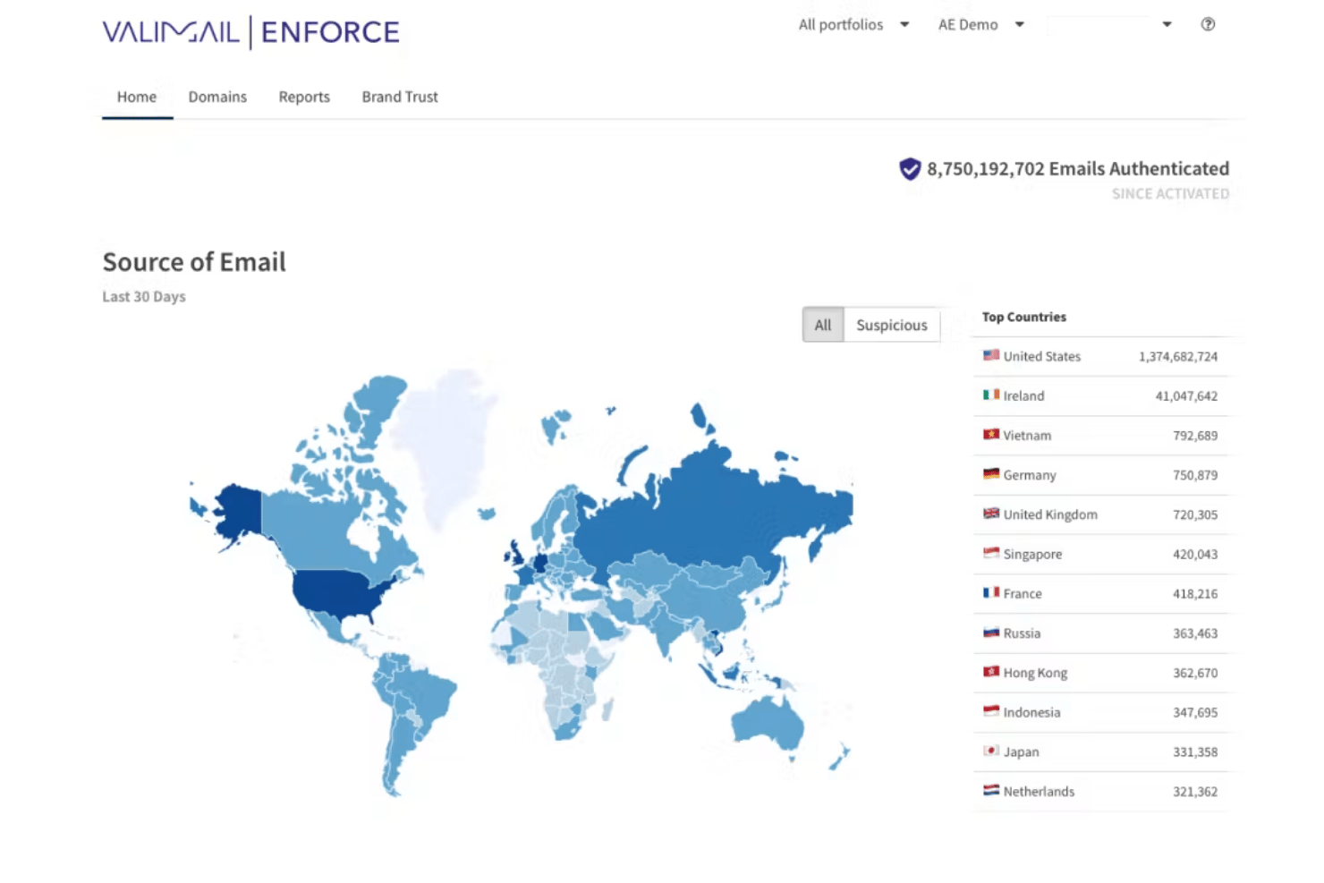 Valimail Enforce maps global email sources to detect suspicious senders.