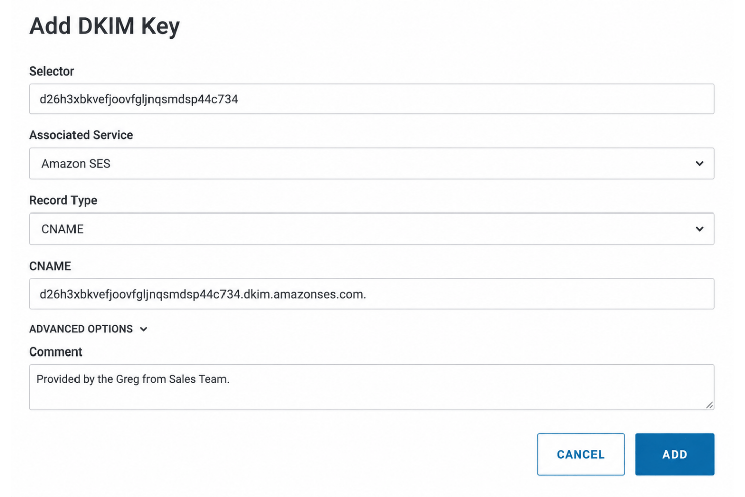 Valimail add DKIM Key form with selector, Amazon SES service, CNAME record type, and comment fields.