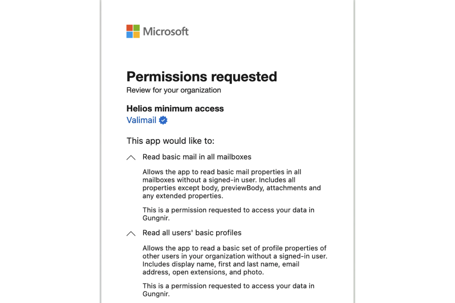 Valimail Helios Microsoft permissions request screen for the minimum-access integration.