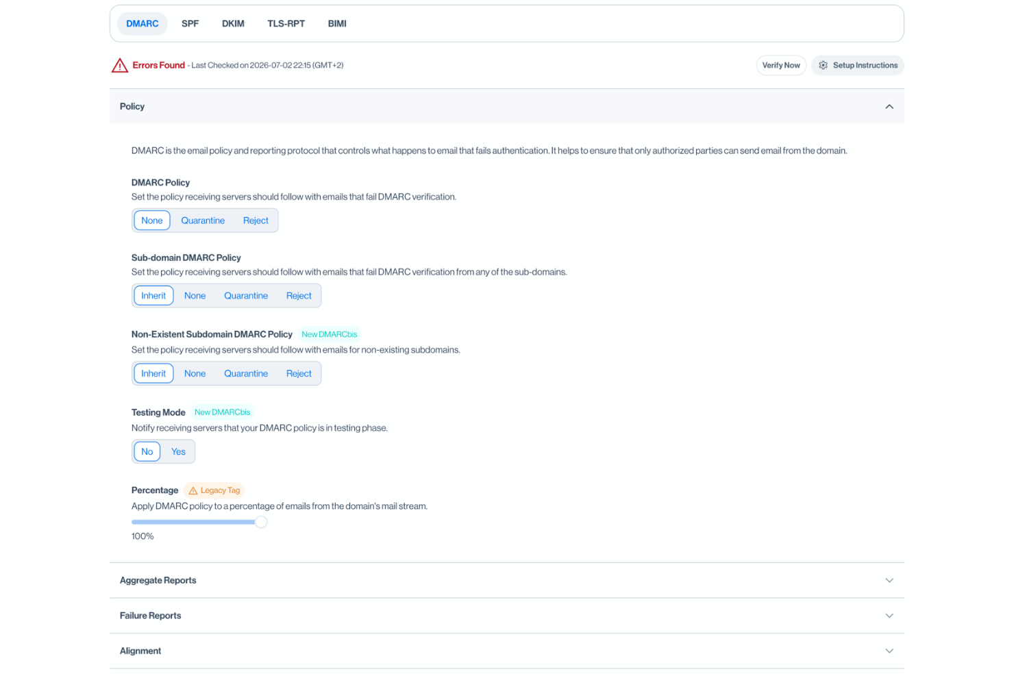 Sendmarc policy configuration panel showing policy, subdomain, and reporting options.