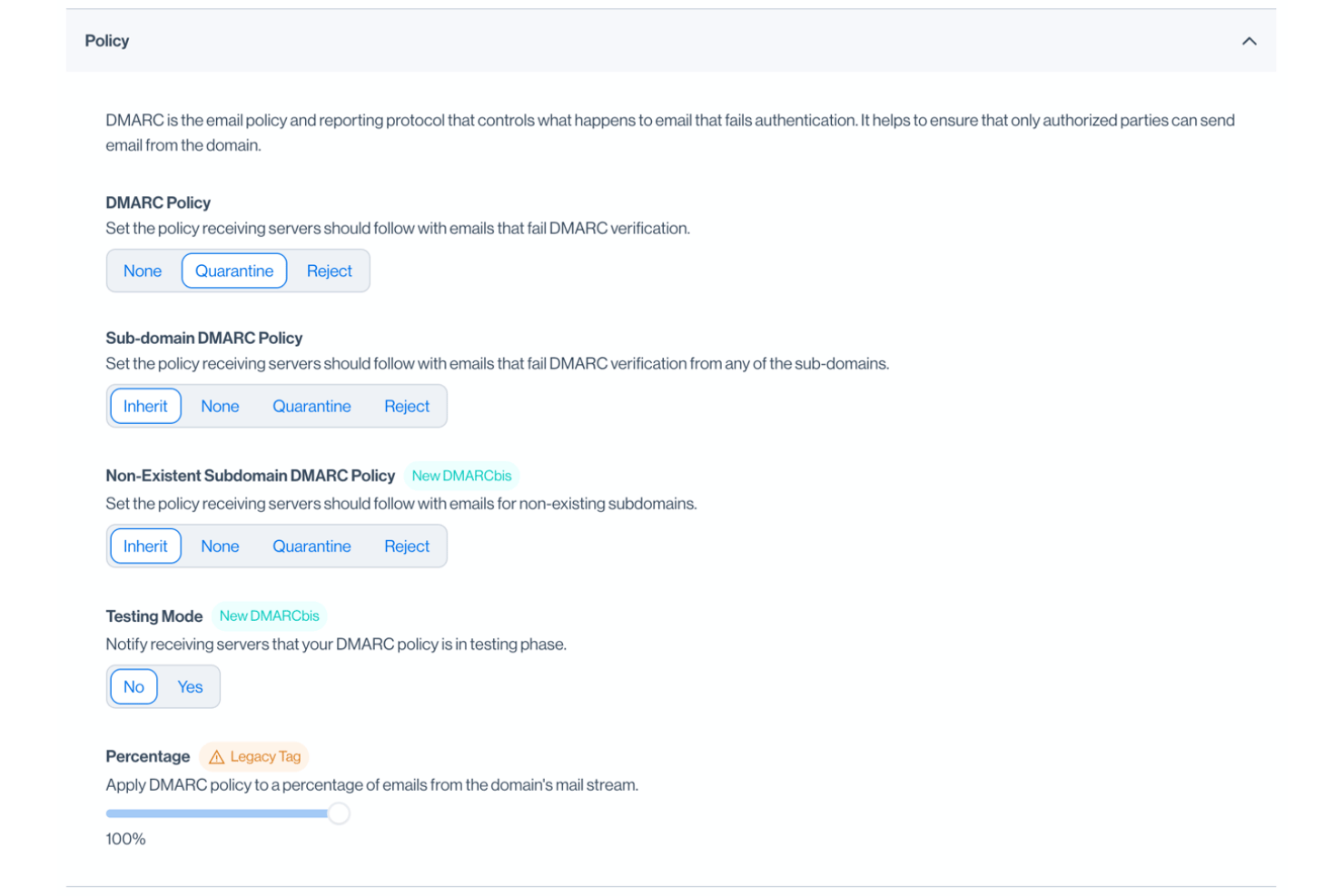 Sendmarc policy settings panel with quarantine, reject, and inherit options.