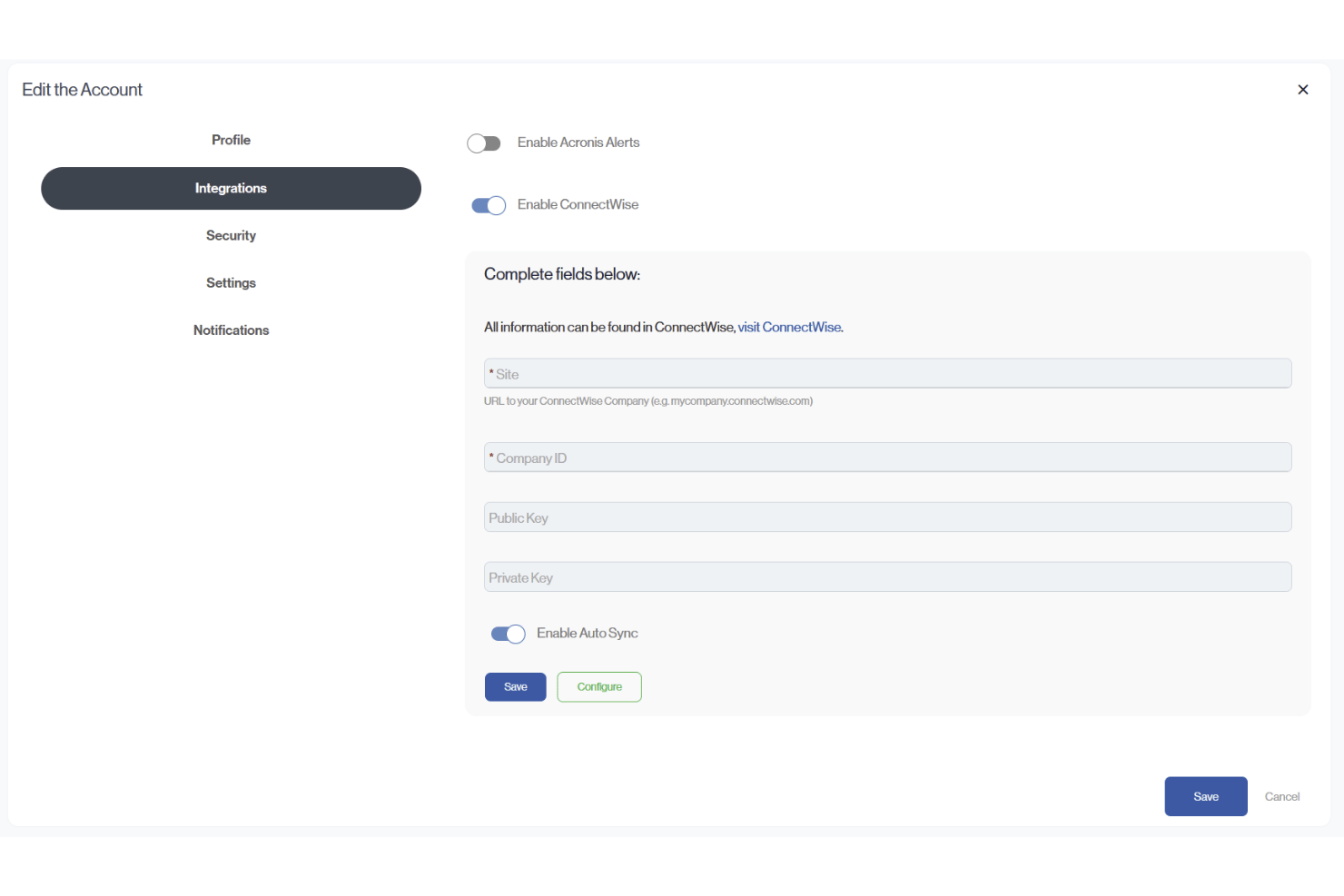 Sendmarc integrations panel showing ConnectWise configuration fields and toggles.