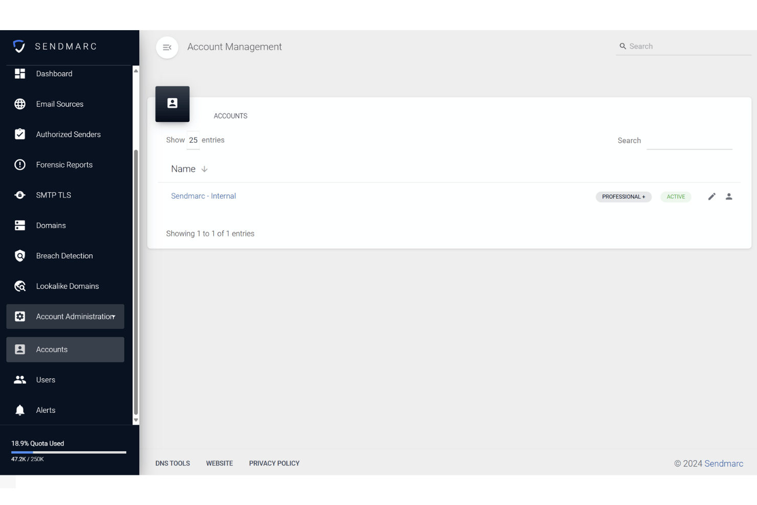 Sendmarc Account Management dashboard showing one active Professional+ account entry.