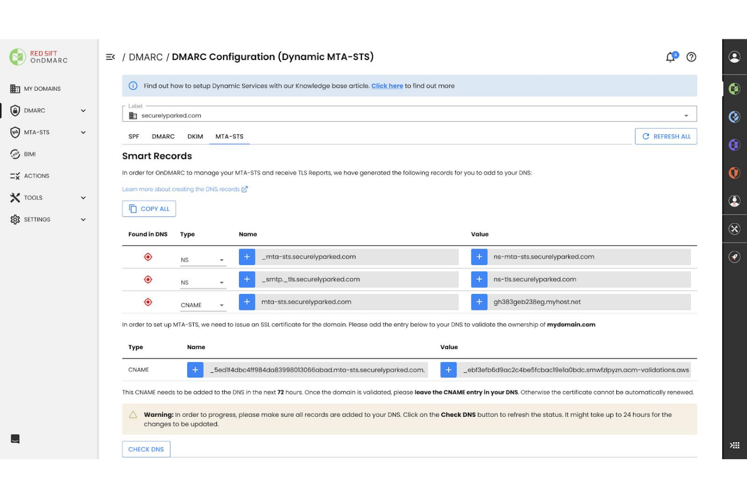 Red Sift OnDMARC MTA-STS configuration page showing DNS smart records setup.