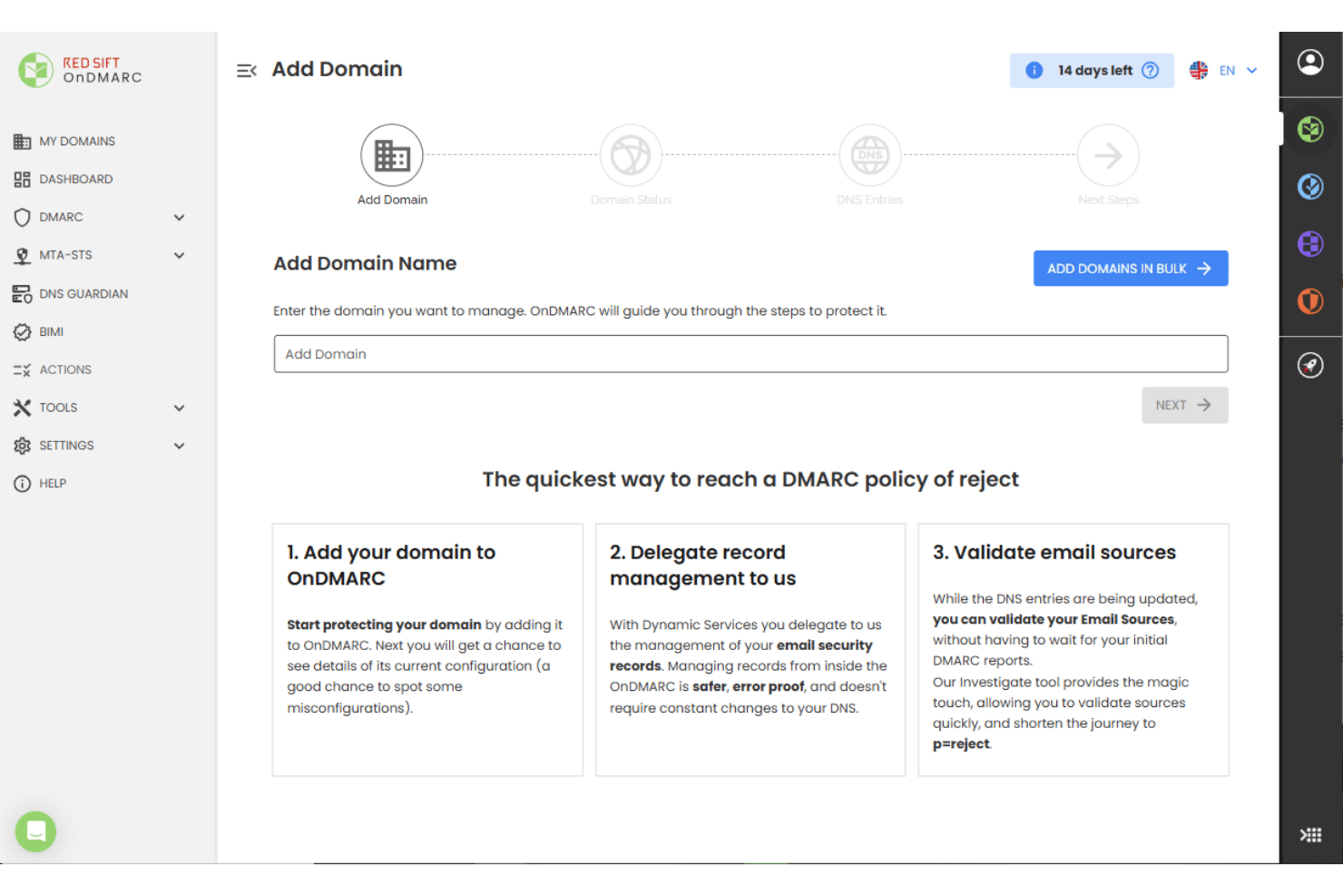 Red Sift OnDMARC Add Domain page with a four-step setup wizard and input field.