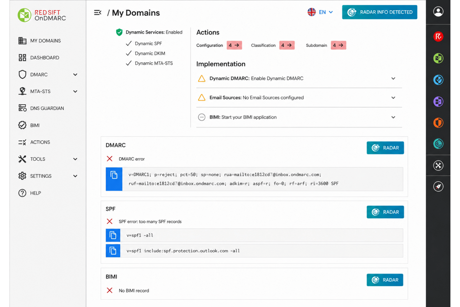 Red Sift OnDMARC dashboard showing DMARC, SPF errors, and implementation status.
