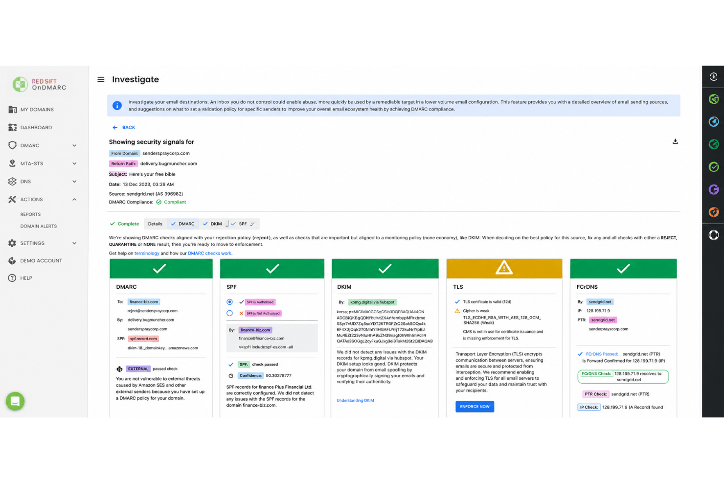 Red Sift OnDMARC Investigate panel showing DMARC, SPF, DKIM, TLS, FCrDNS security checks.