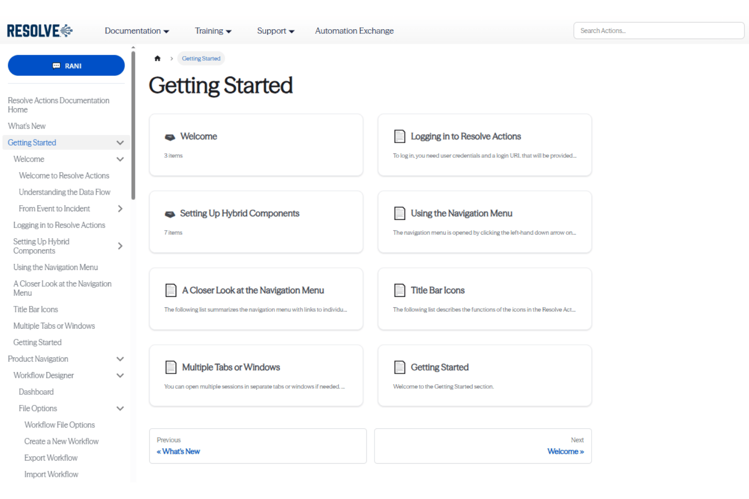 Resolve Getting Started documentation page with categorized onboarding topics.