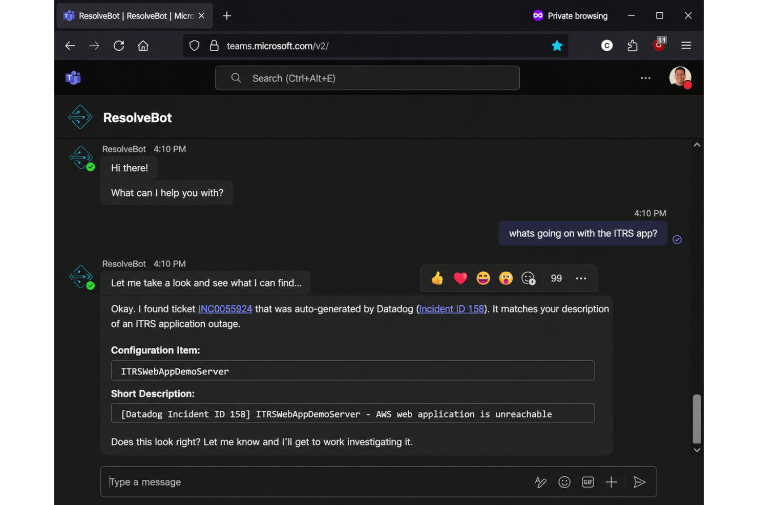 Resolve in Microsoft Teams chat identifying an ITRS app outage ticket from Datadog.