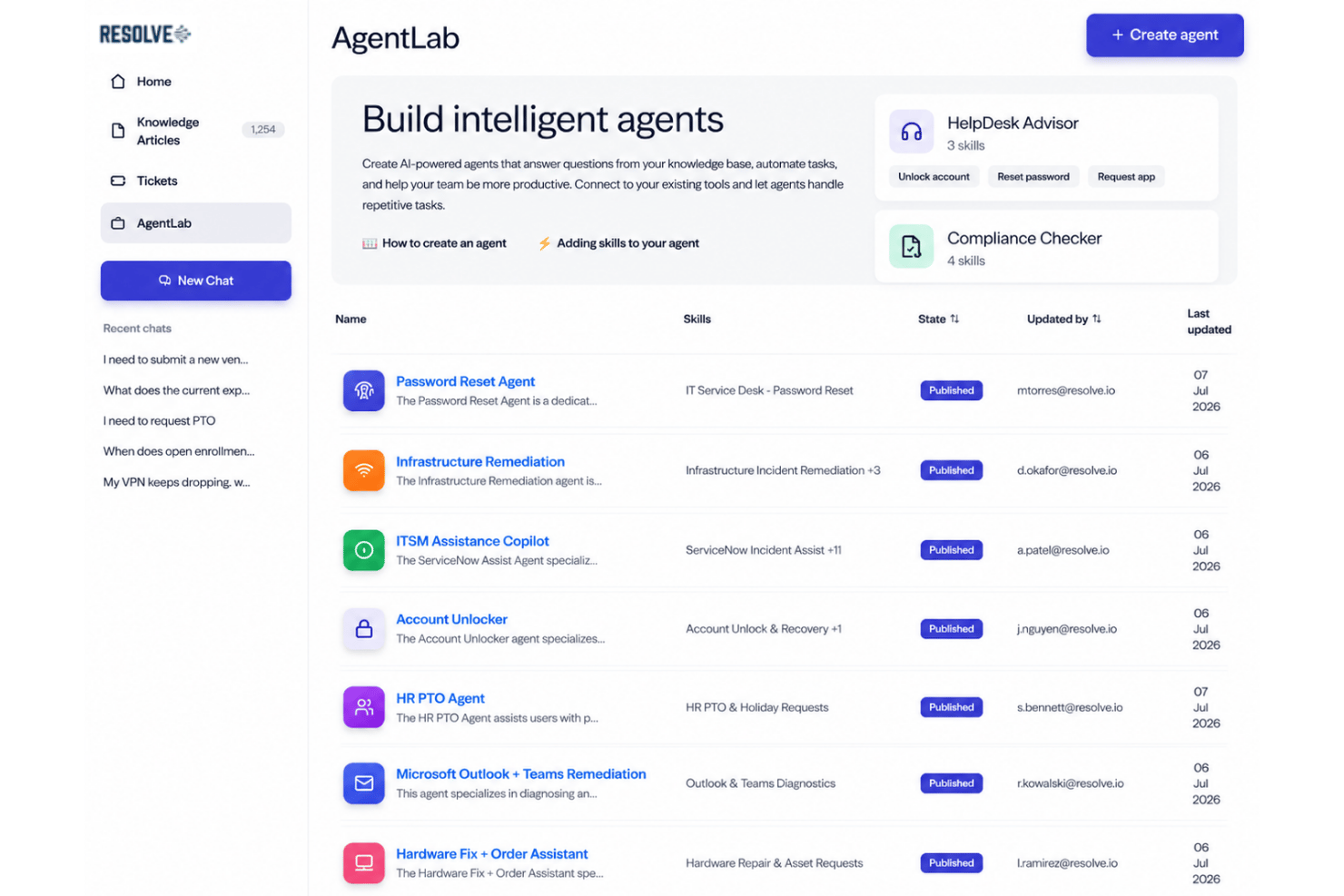 Resolve's AgentLab dashboard listing published AI agents with skills and update details.