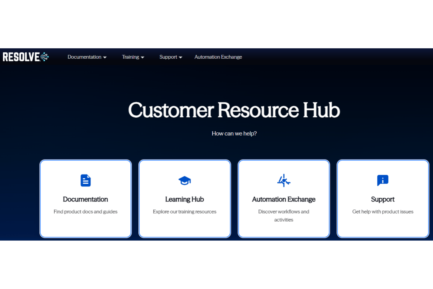 Resolve Customer Resource Hub with Documentation, Learning, Automation, and Support cards.