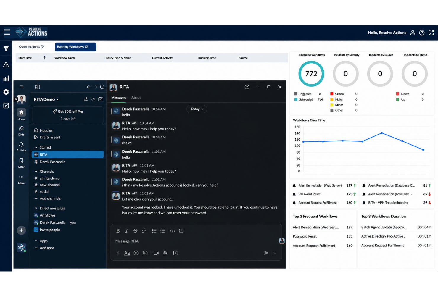 Resolve AI chatbot interface in Resolve unlocking a locked user account via Slack.