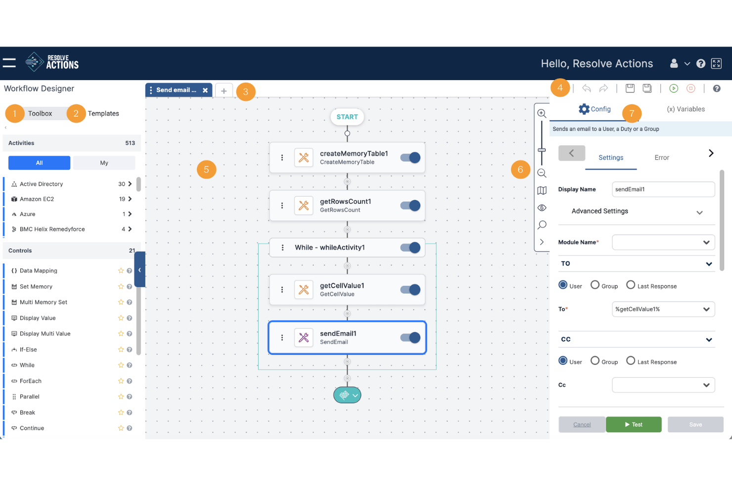 Resolve workflow designer showing automated email workflow with configuration panel open.