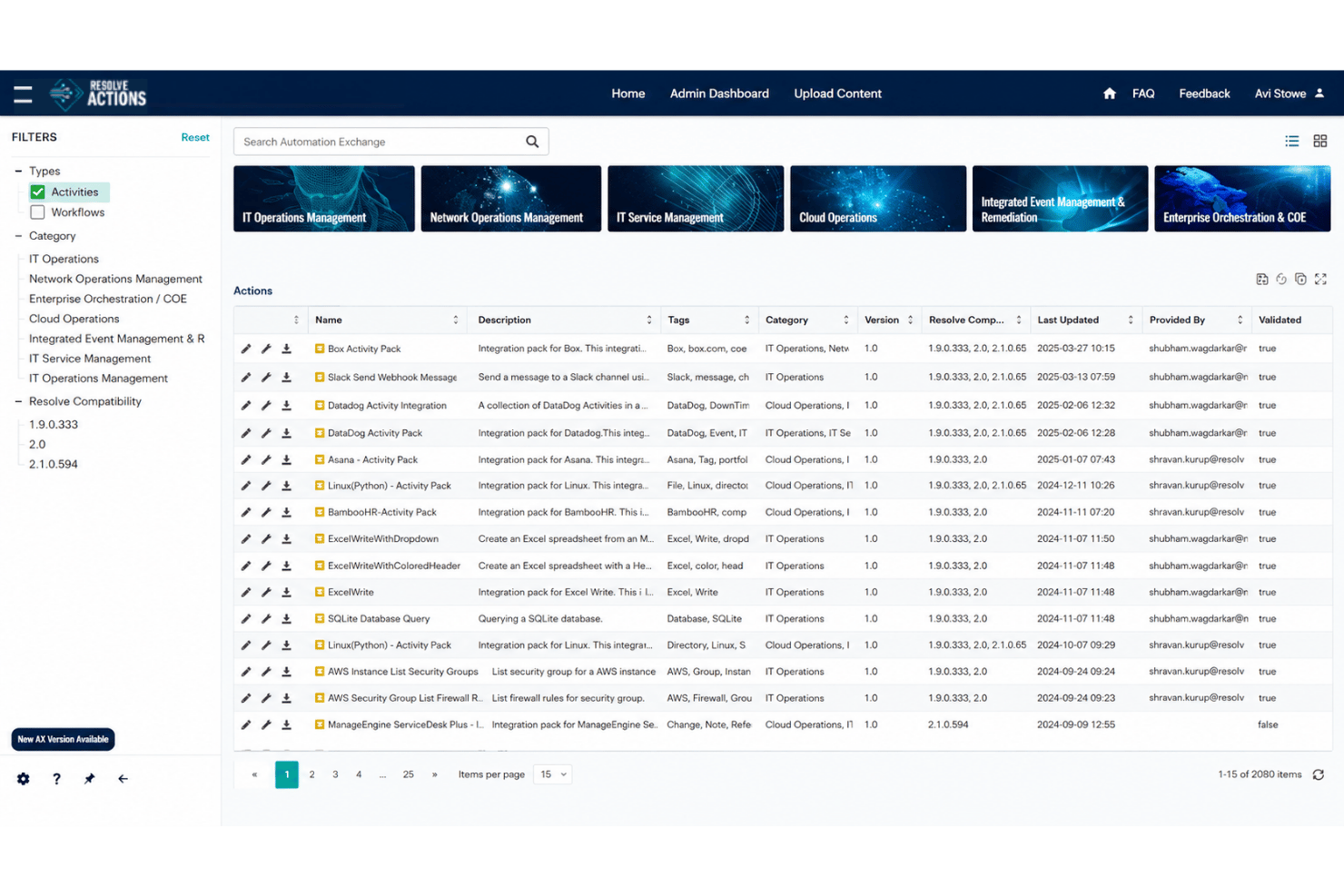 Resolve automation exchange listing pre-built activity integrations with filters and table view.