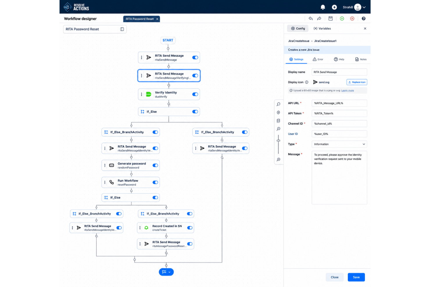 Resolve workflow designer showing a password reset automation with branching steps and config panel.