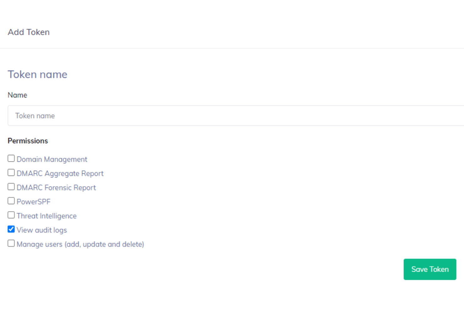 PowerDMARC Token form with permission checkboxes and Save Token button.