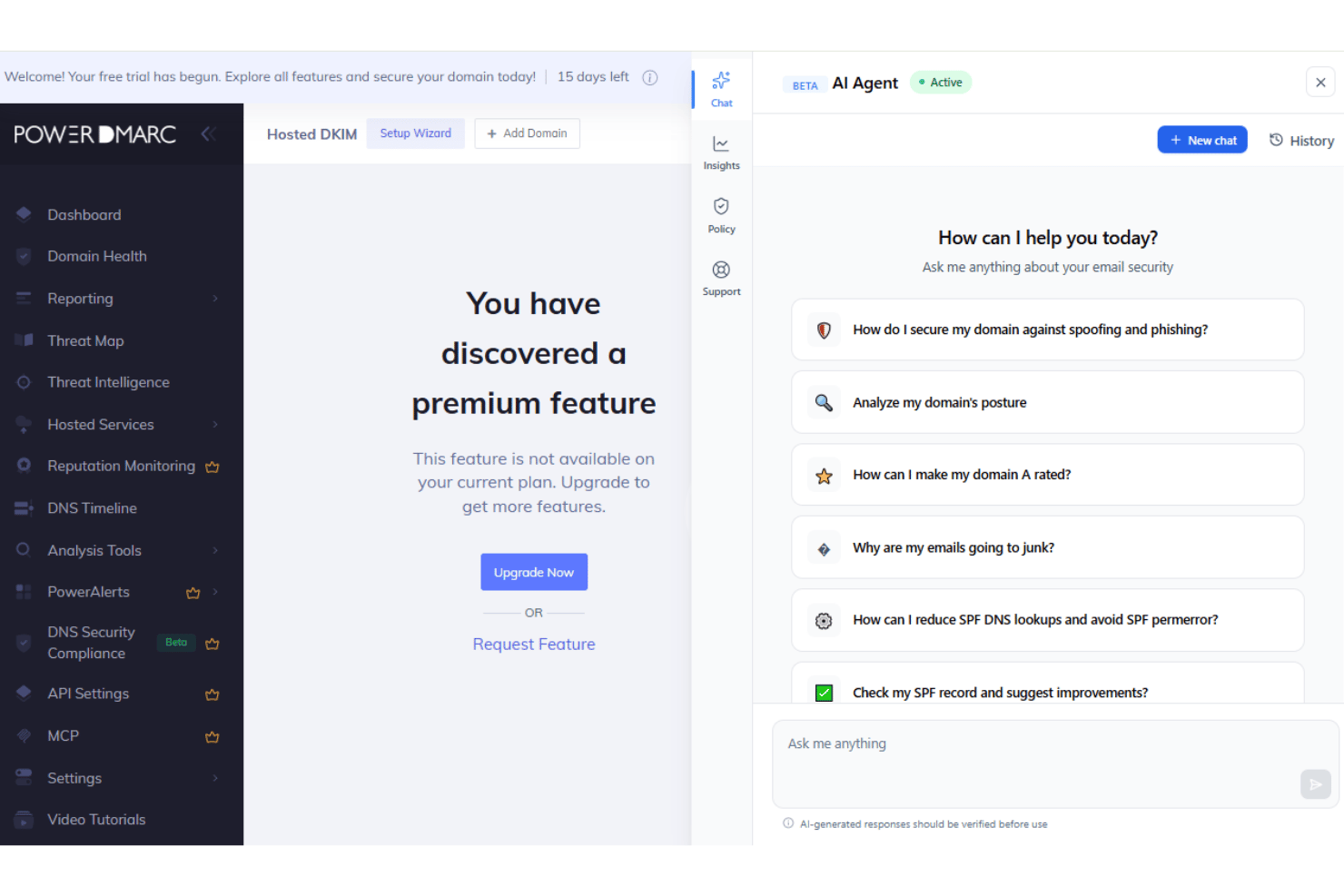 PowerDMARC dashboard showing AI Agent chat panel with email security prompts.