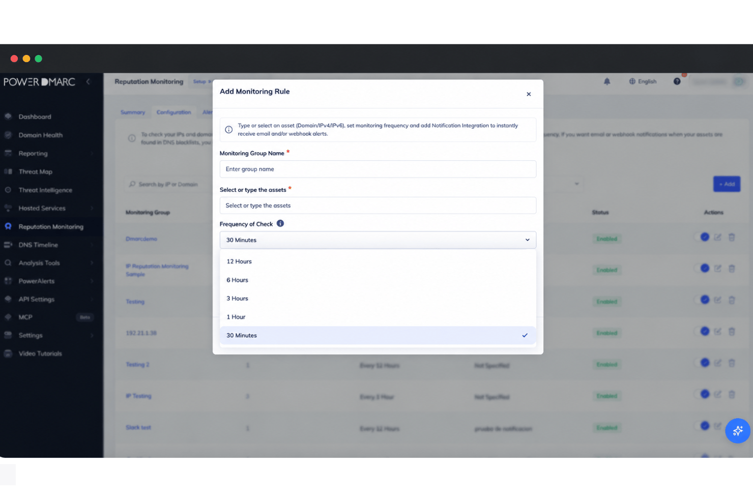 PowerDMARC modal dialog for adding a monitoring rule with frequency dropdown.