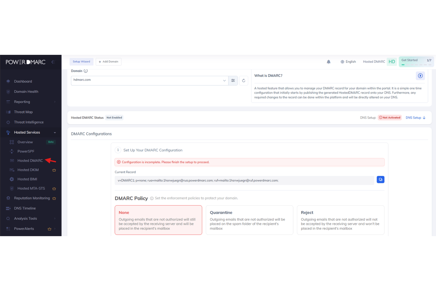 PowerDMARC Hosted DMARC setup page showing policy options and current DNS record.
