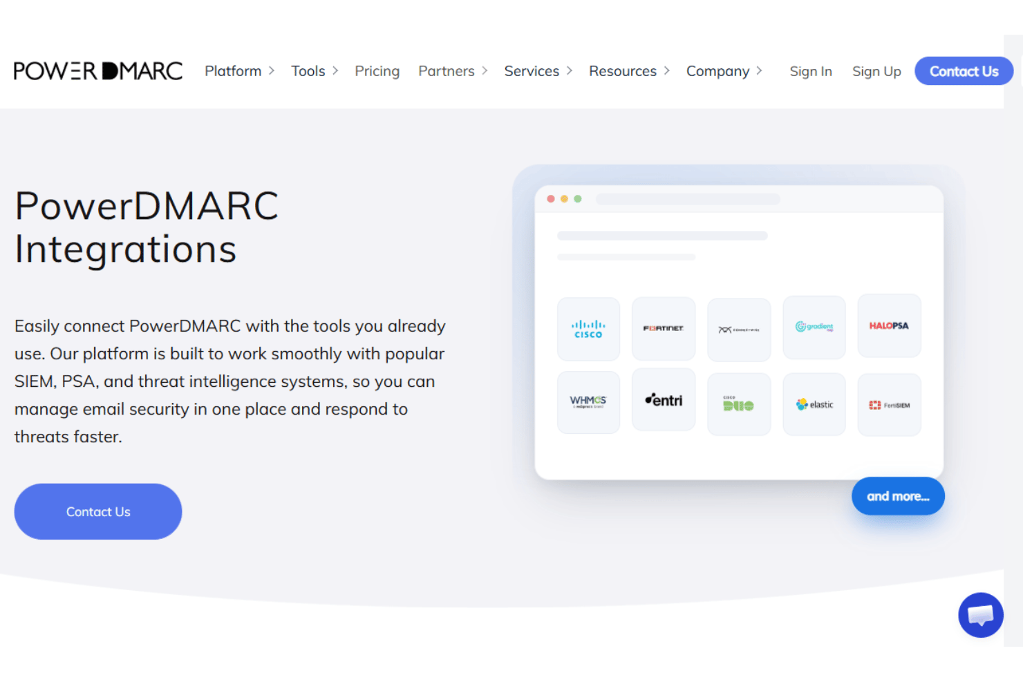 PowerDMARC integrations page showing logos of Cisco, Fortinet, Elastic, and more.