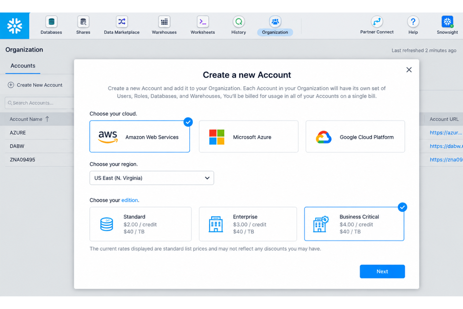 Snowflake multi-cloud platform across AWS, Azure, and Google Cloud.