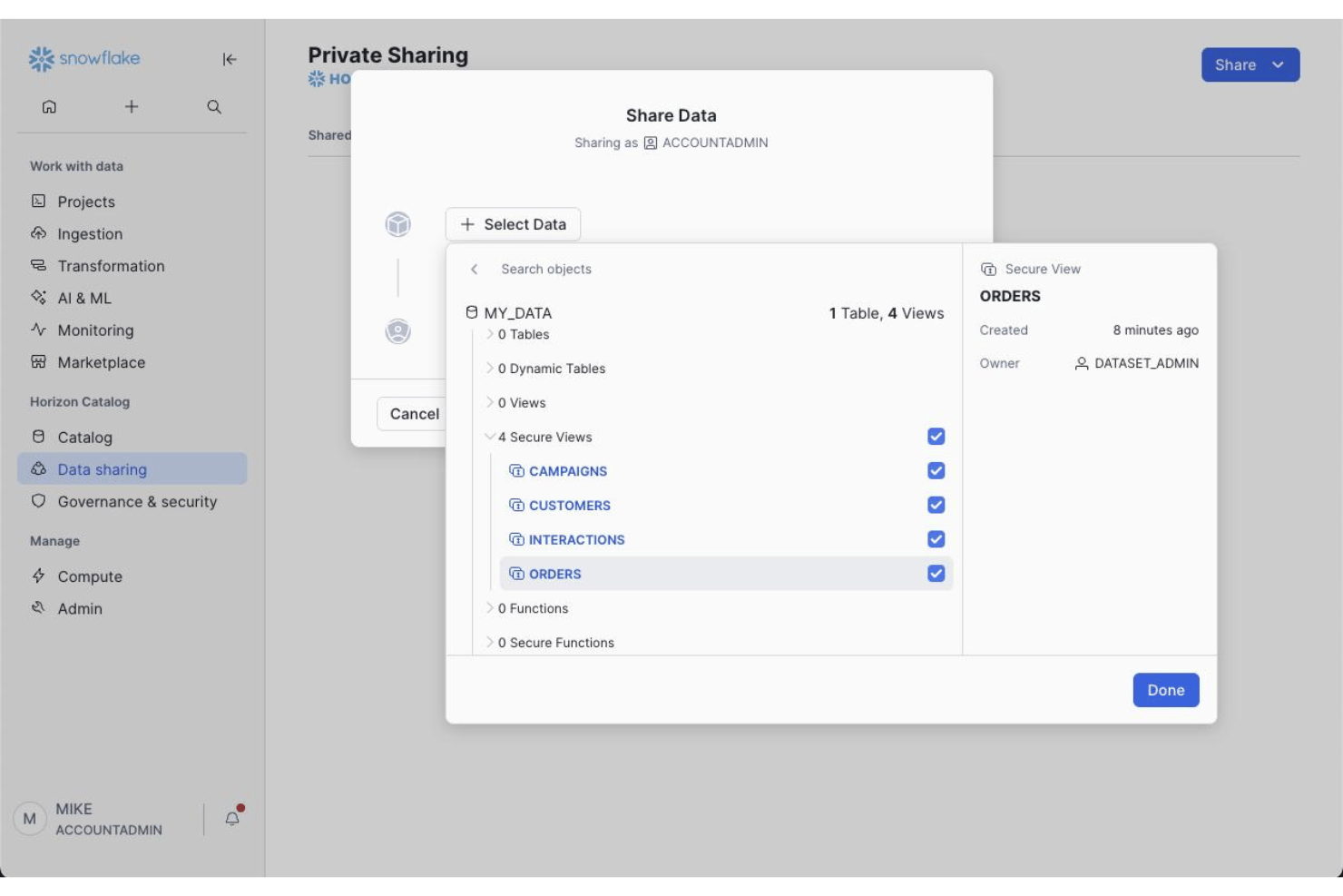 Snowflake secure data sharing with granular access to live datasets.