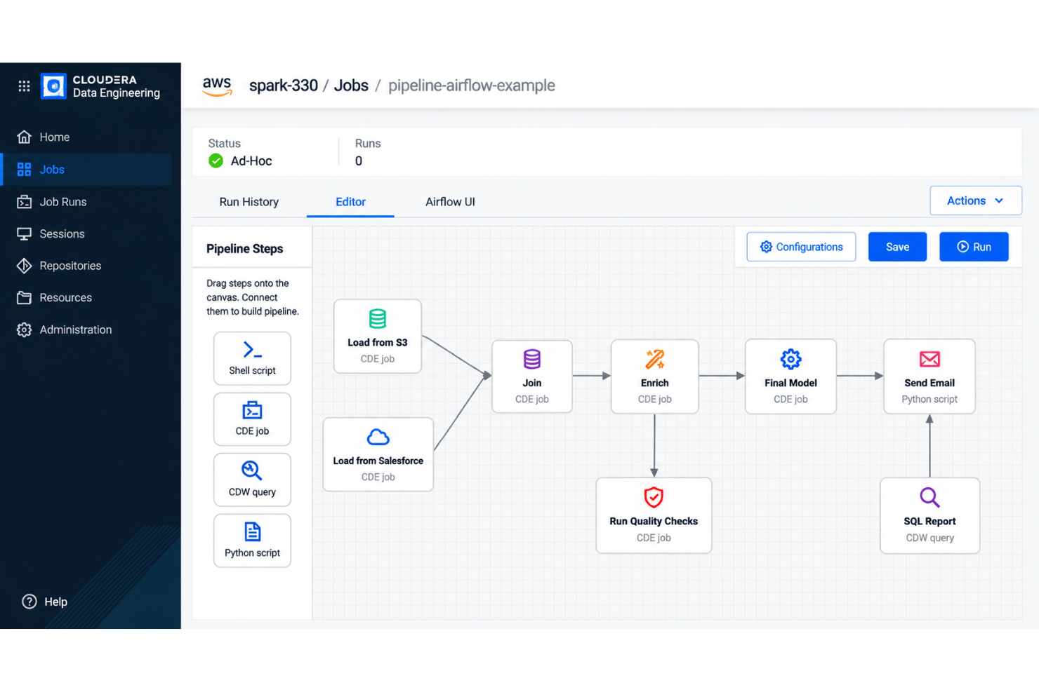 Cloudera data engineering with Apache NiFi, Airflow, and Spark.