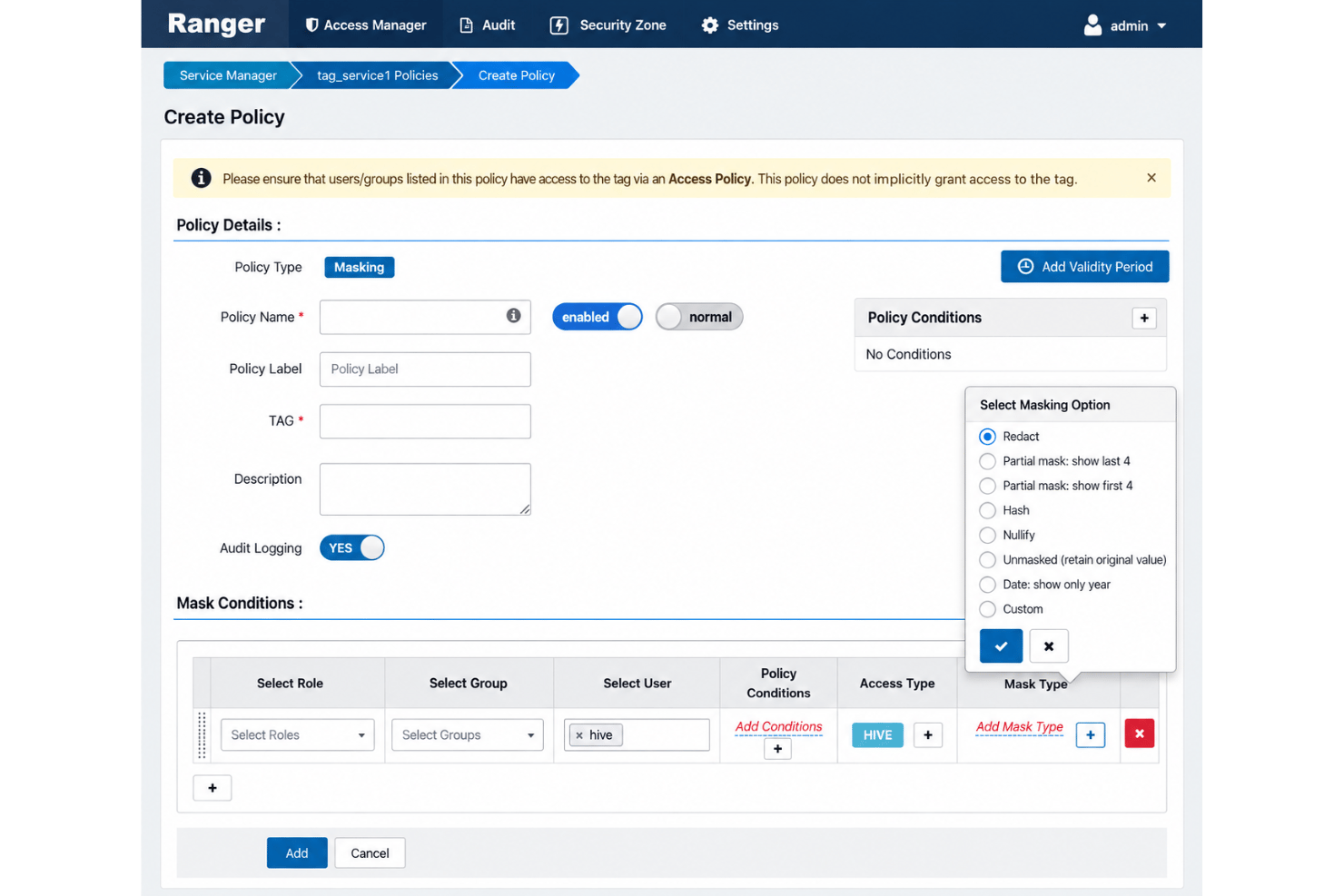 Cloudera data governance with Apache Ranger, Atlas, and access policies.