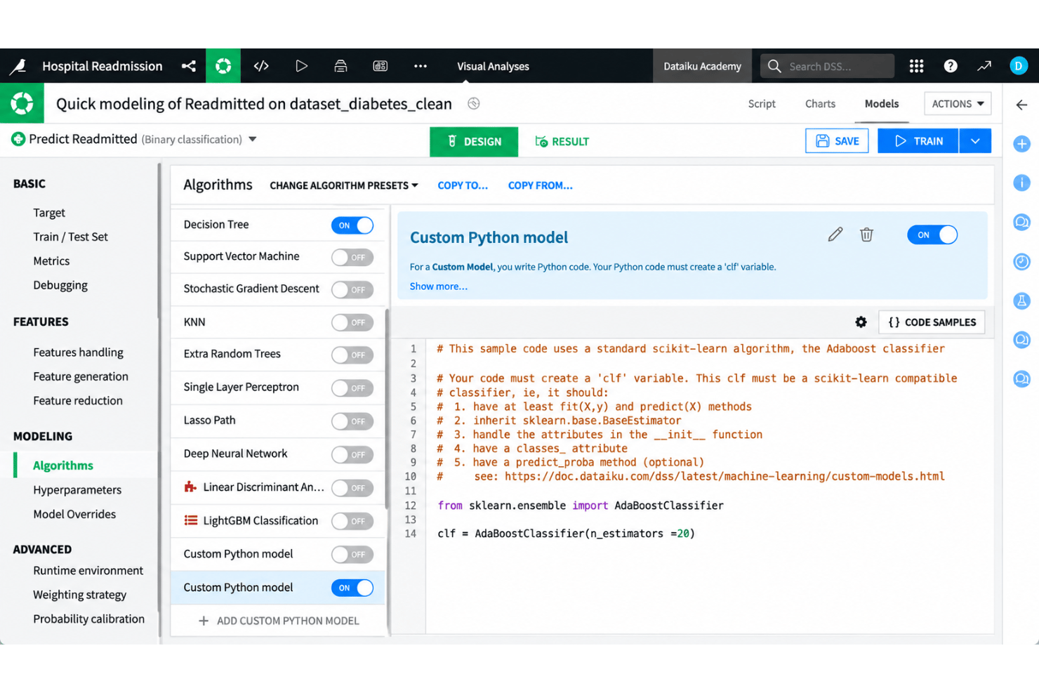 Dataiku workspace with Python, R, SQL, and visual no-code tools.