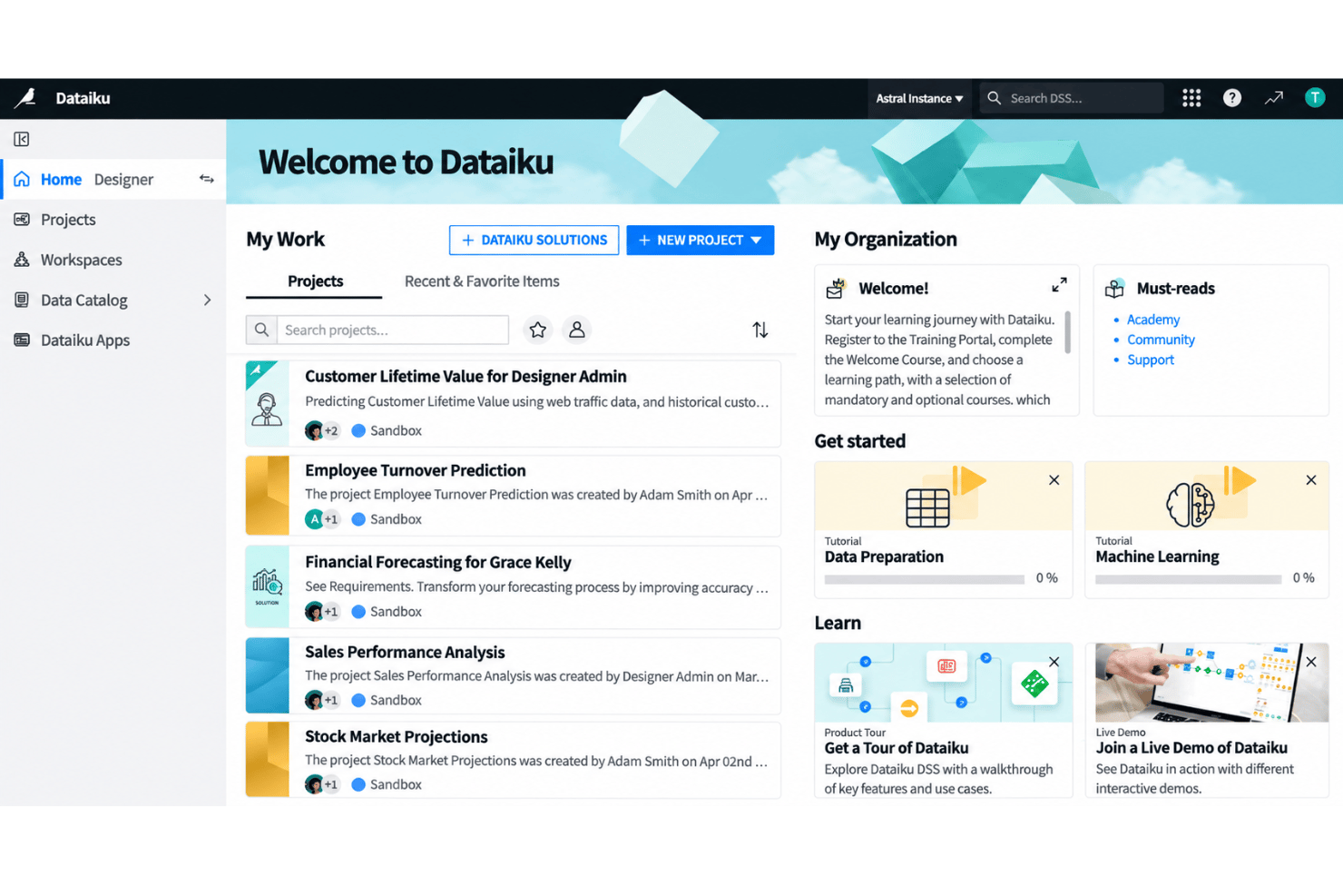 Dataiku interface with visual flows, data preparation, and modeling tools.
