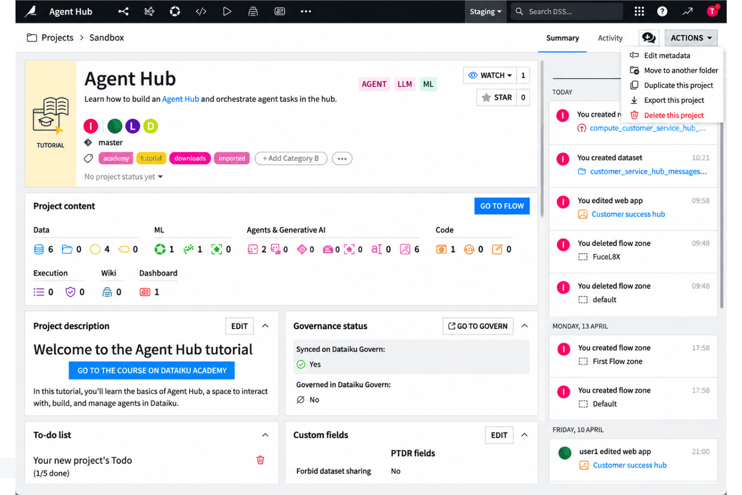 Dataiku project governance with permissions, documentation, and versioning.