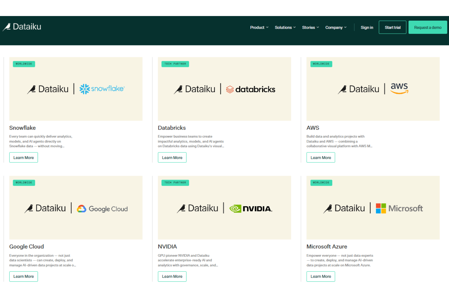 Dataiku integrations with Snowflake, BigQuery, Databricks, Azure, and AWS.