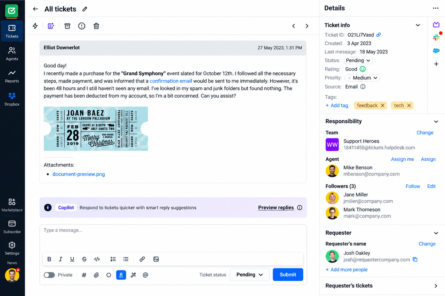HelpDesk AI assistance with reply drafts, summaries, and ticket tags.