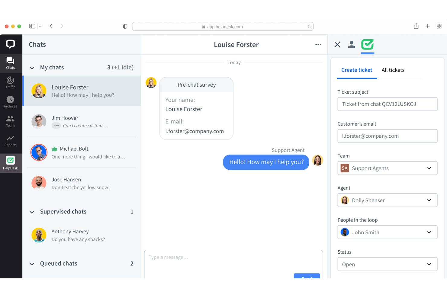 HelpDesk interface with shared tickets, AI tools, workflows, and team queues.