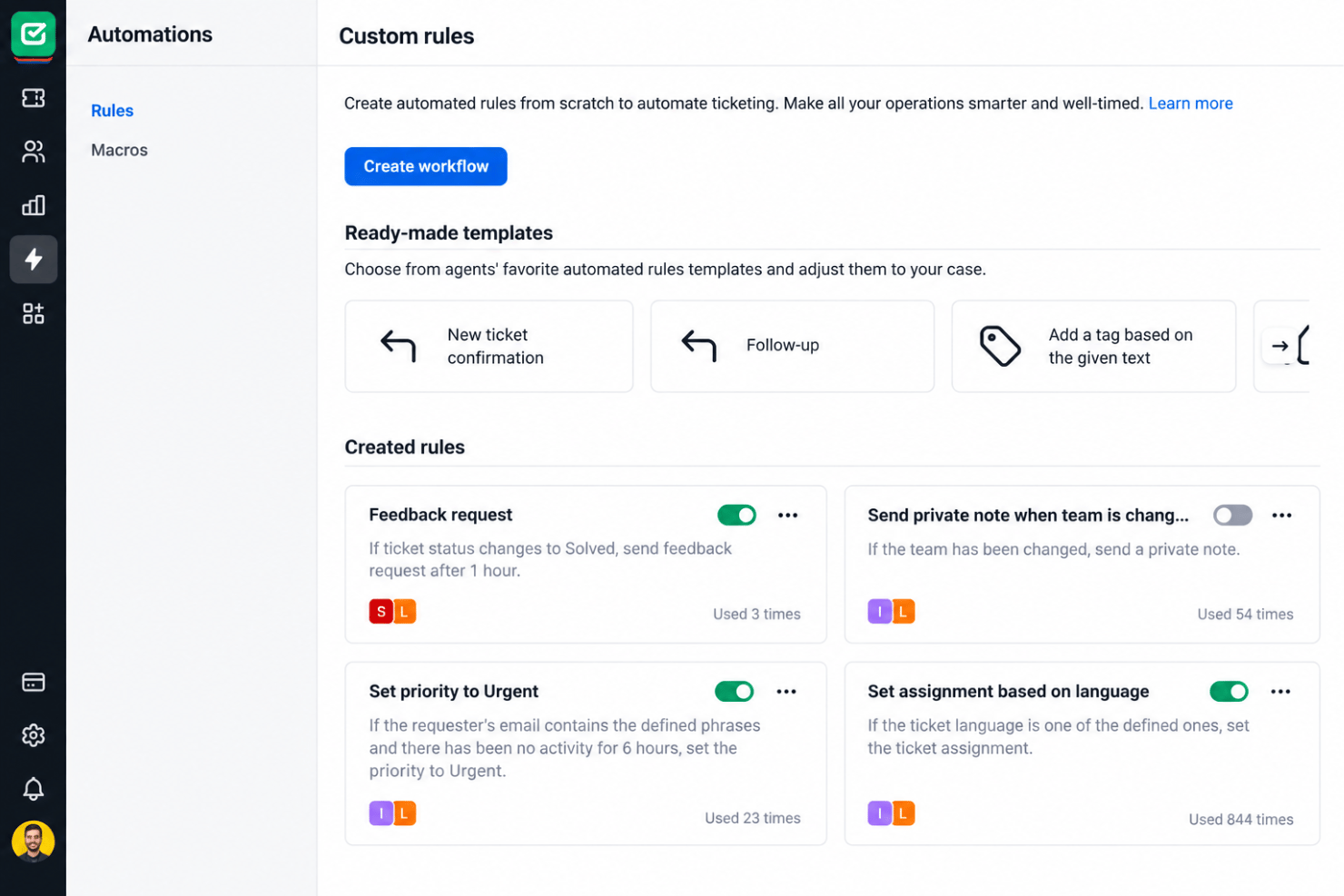 HelpDesk no-code workflows with automated ticket routing and actions.