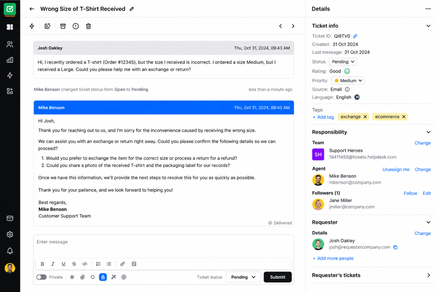 HelpDesk ticket management with assignments, statuses, and agent queues.