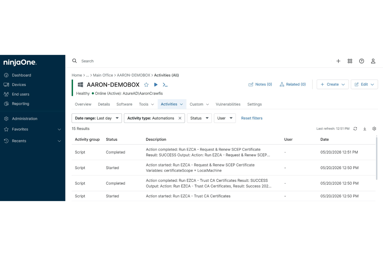 screenshot - Test du logiciel de gestion informatique NinjaOne pour 2026