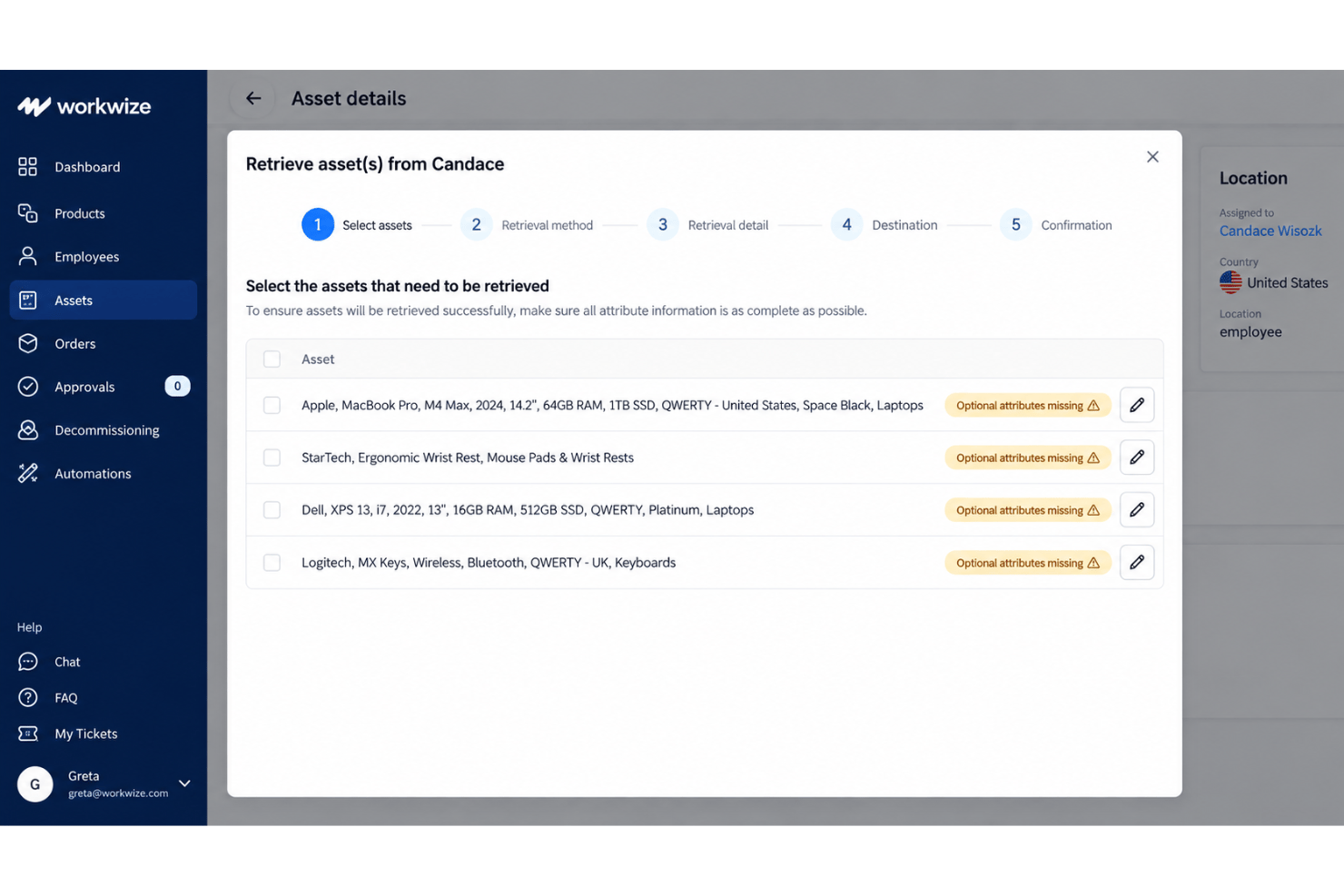 Workwize asset retrieval with shipping, tracking, and warehouse returns.
