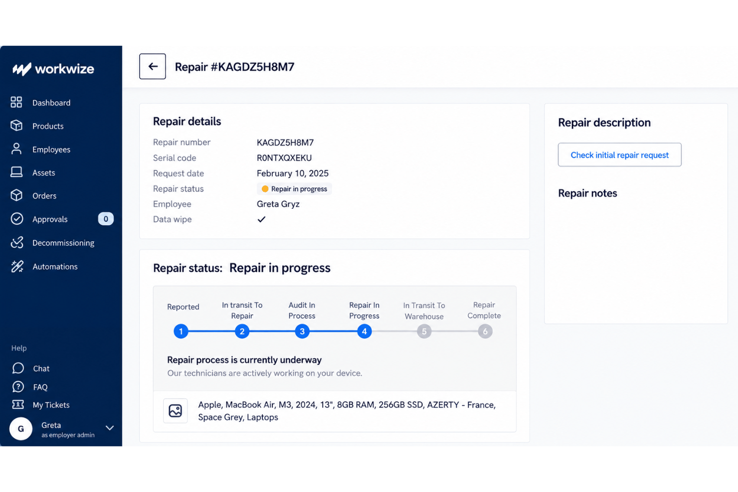 Workwize maintenance tracking with repairs, warranties, and service alerts.