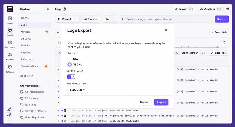 Sentry Adds Log Export in CSV and JSONL