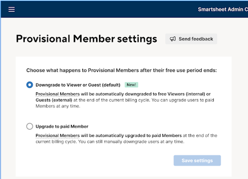 Smartsheet Adds Provisional Member Settings for User and Budget Control