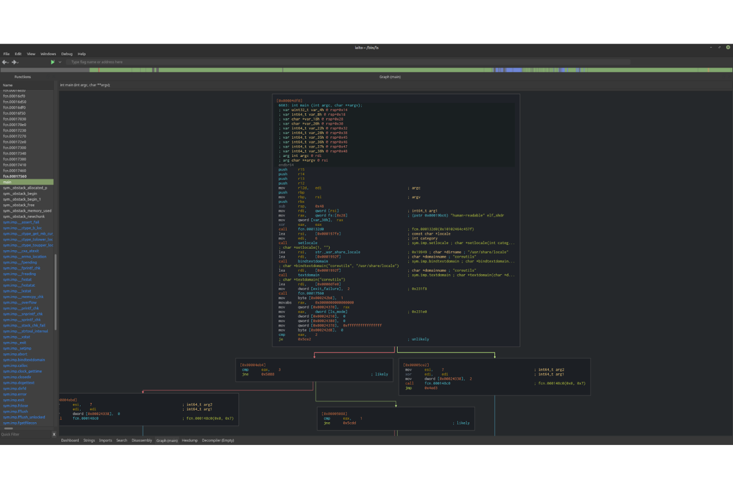 Radare2 screenshot - 10 meilleures alternatives à IDA Pro testées en 2026